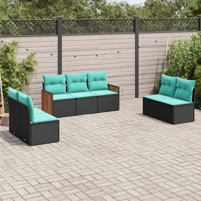 7-teiliges Gartensofa-Set mit Kissen, schwarzes Polyrattan