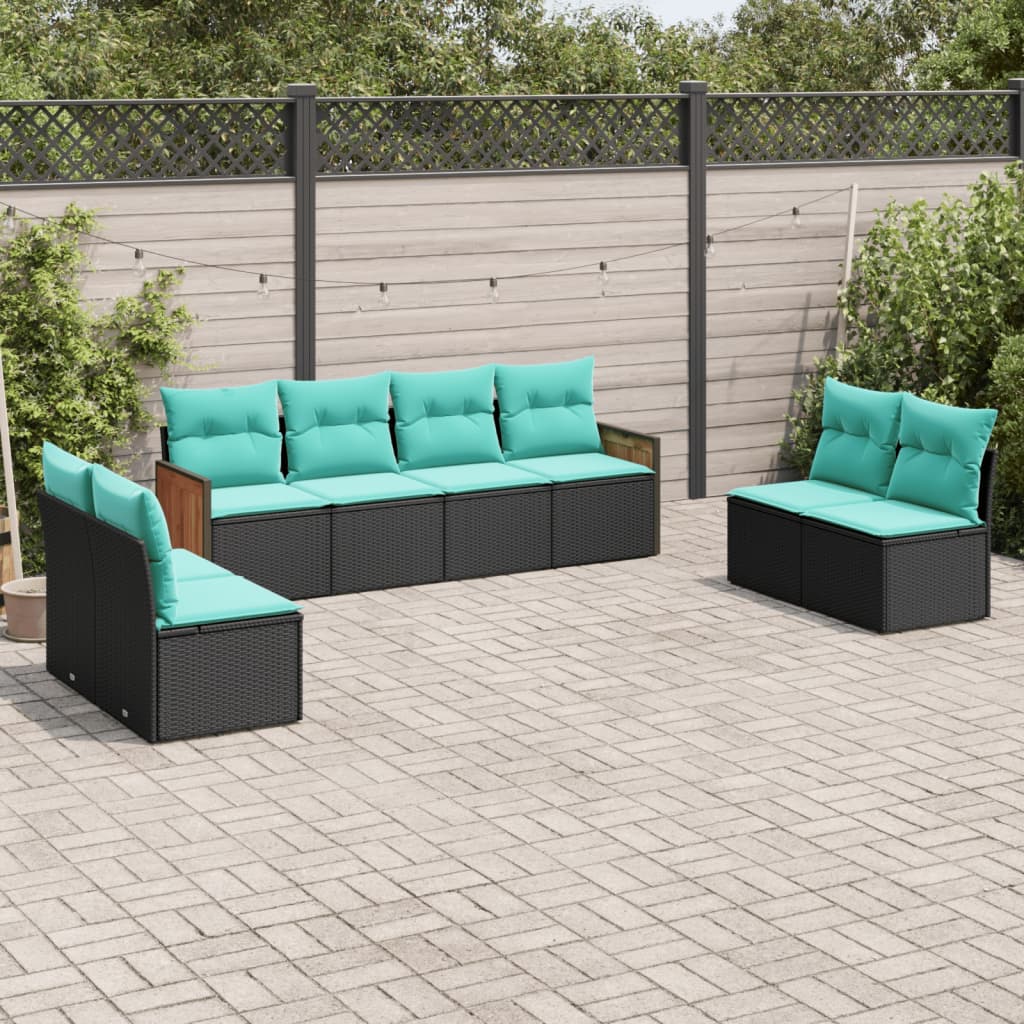 8-teiliges Gartensofa-Set mit Kissen, schwarzes Polyrattan