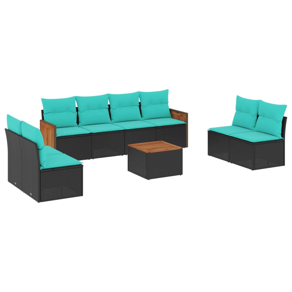 9-teiliges Gartensofa-Set mit Kissen, schwarzes Polyrattan