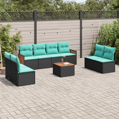 9-teiliges Gartensofa-Set mit Kissen, schwarzes Polyrattan