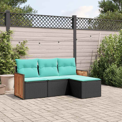4-teiliges Gartensofa-Set mit Kissen, schwarzes Polyrattan
