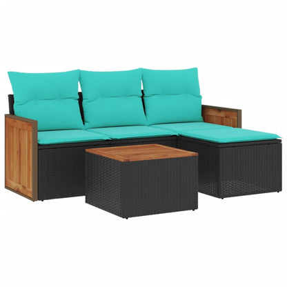 5-teiliges Gartensofa-Set mit Kissen, schwarzes Polyrattan