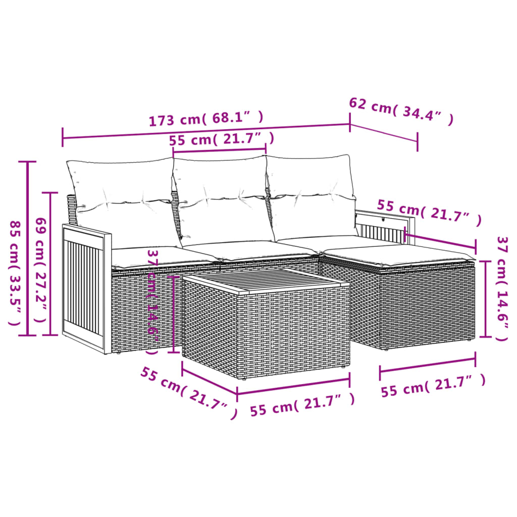 5-teiliges Gartensofa-Set mit Kissen, schwarzes Polyrattan
