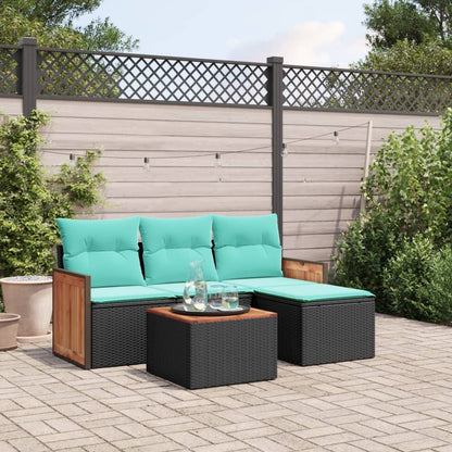 5-teiliges Gartensofa-Set mit Kissen, schwarzes Polyrattan