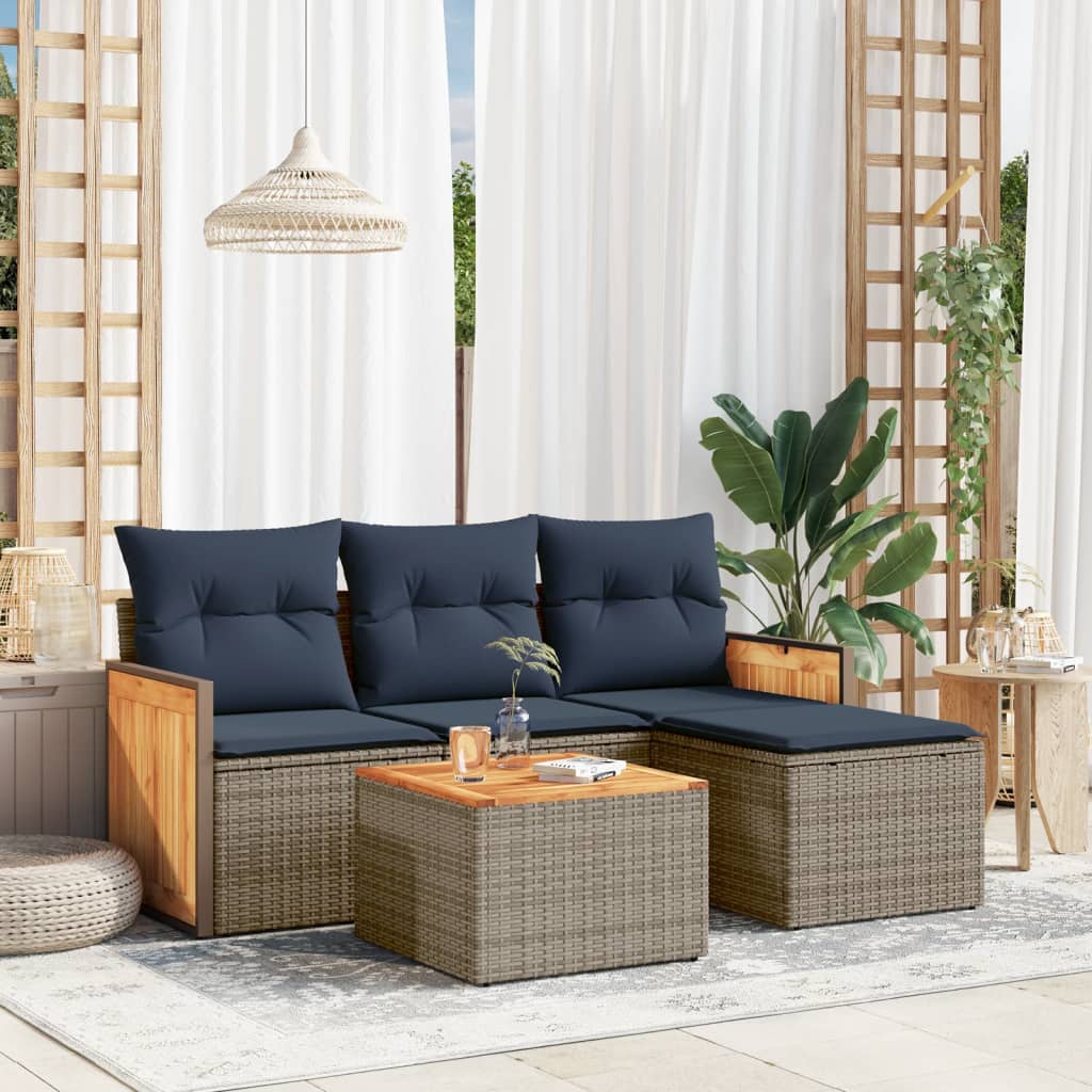 5-teiliges Gartensofa-Set mit Kissen, grau, Polyrattan