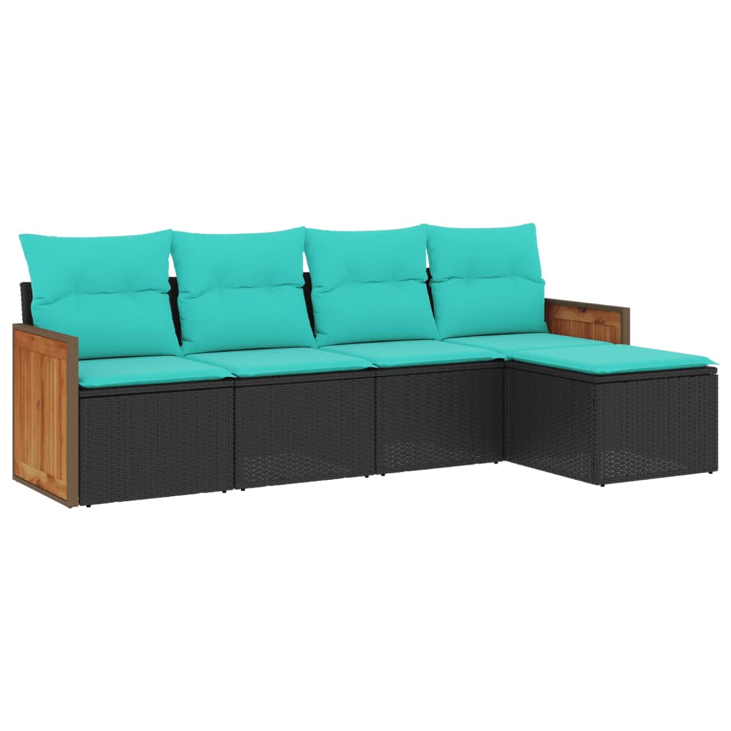 5-teiliges Gartensofa-Set mit Kissen, schwarzes Polyrattan