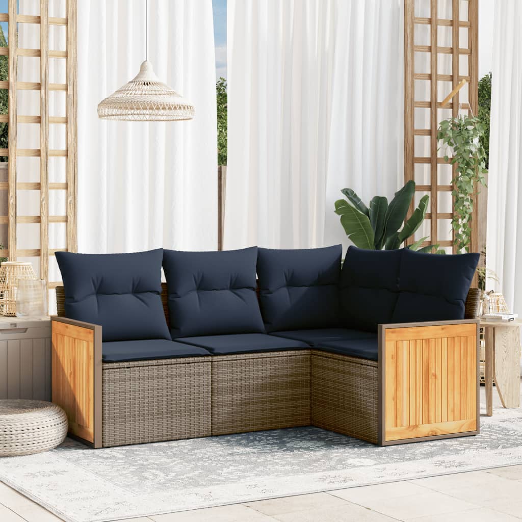 4-teiliges Gartensofa-Set mit Kissen, grau, Polyrattan