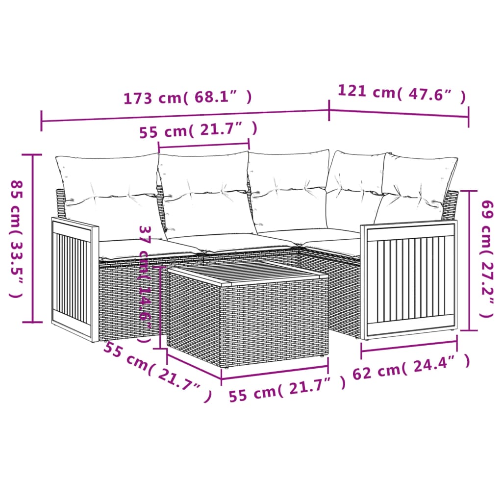 5-teiliges Gartensofa-Set mit Kissen, schwarzes Polyrattan