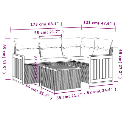 5-teiliges Gartensofa-Set mit Kissen, schwarzes Polyrattan