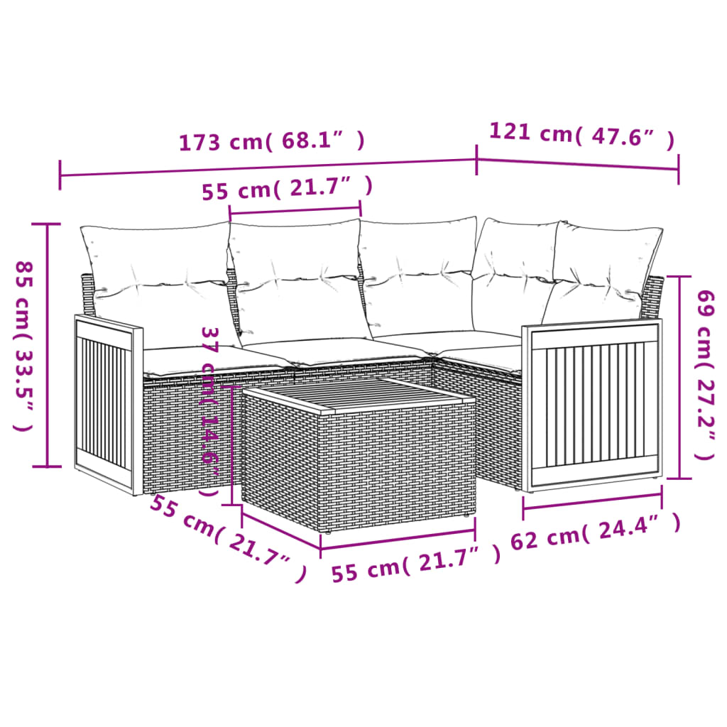 5-teiliges Gartensofa-Set mit Kissen, grau, Polyrattan
