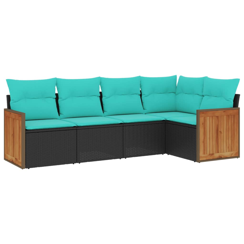 5-teiliges Gartensofa-Set mit Kissen, schwarzes Polyrattan