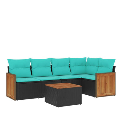 6-teiliges Gartensofa-Set mit Kissen, schwarzes Polyrattan
