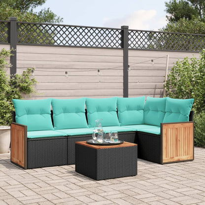 6-teiliges Gartensofa-Set mit Kissen, schwarzes Polyrattan
