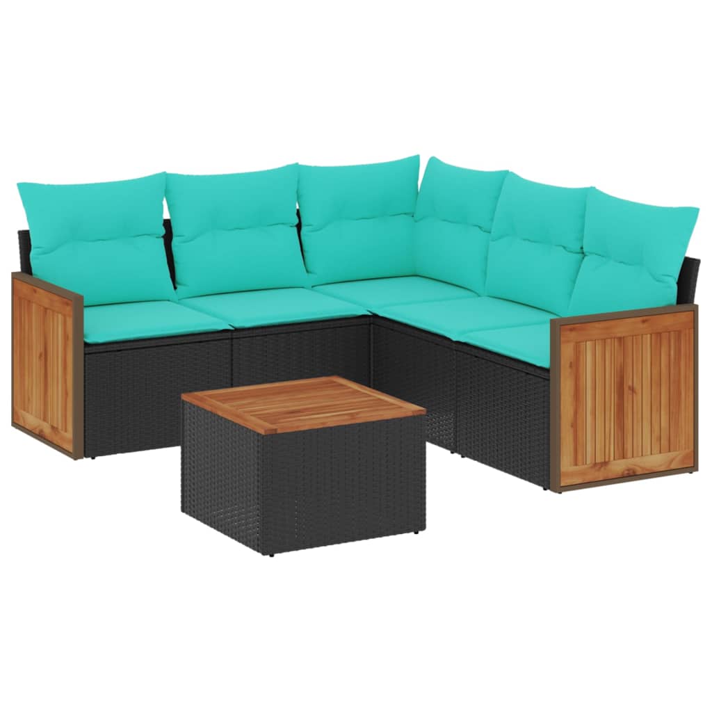 6-teiliges Gartensofa-Set mit Kissen, schwarzes Polyrattan