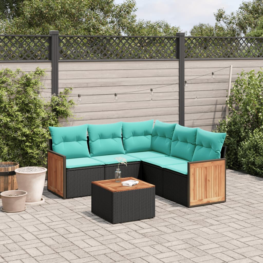 6-teiliges Gartensofa-Set mit Kissen, schwarzes Polyrattan