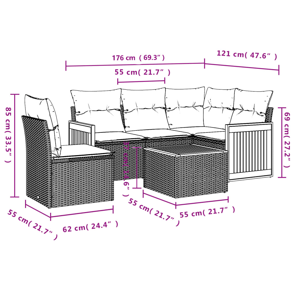 6-teiliges Gartensofa-Set mit Kissen, schwarzes Polyrattan