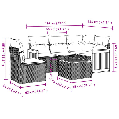6-teiliges Gartensofa-Set mit Kissen, schwarzes Polyrattan