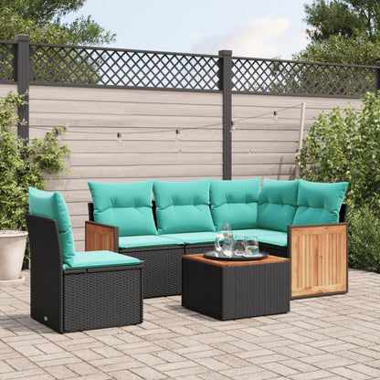 6-teiliges Gartensofa-Set mit Kissen, schwarzes Polyrattan