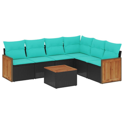 7-teiliges Gartensofa-Set mit Kissen, schwarzes Polyrattan