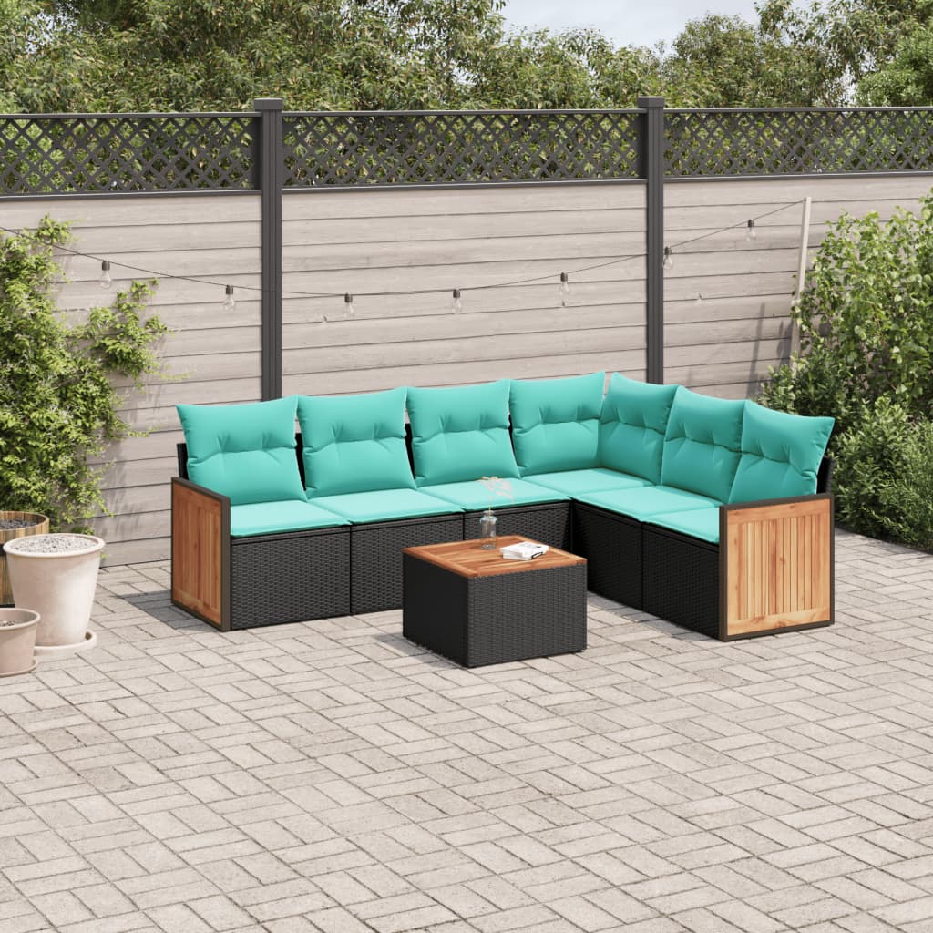 7-teiliges Gartensofa-Set mit Kissen, schwarzes Polyrattan