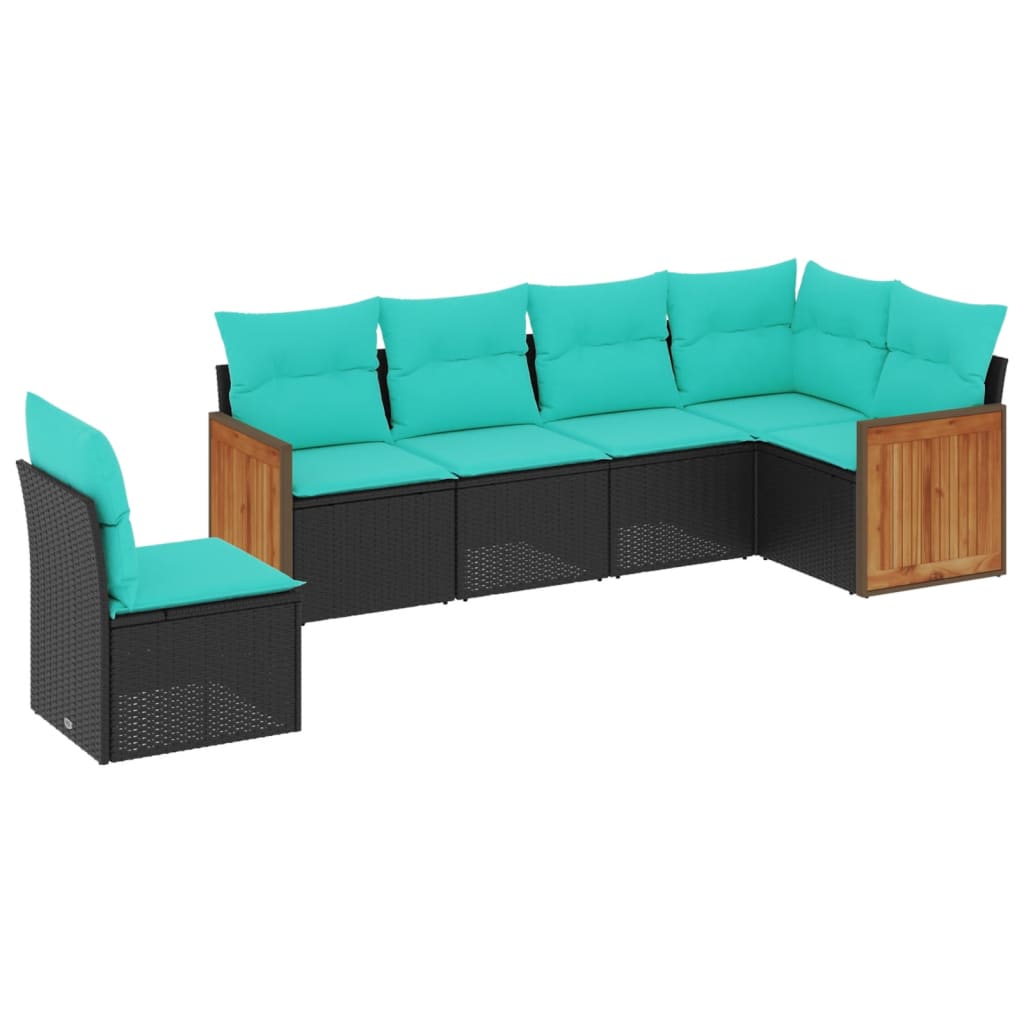 6-teiliges Gartensofa-Set mit Kissen, schwarzes Polyrattan