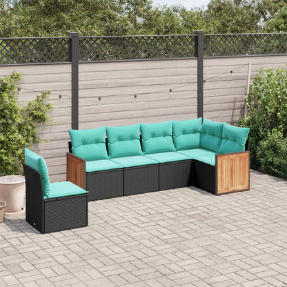 6-teiliges Gartensofa-Set mit Kissen, schwarzes Polyrattan