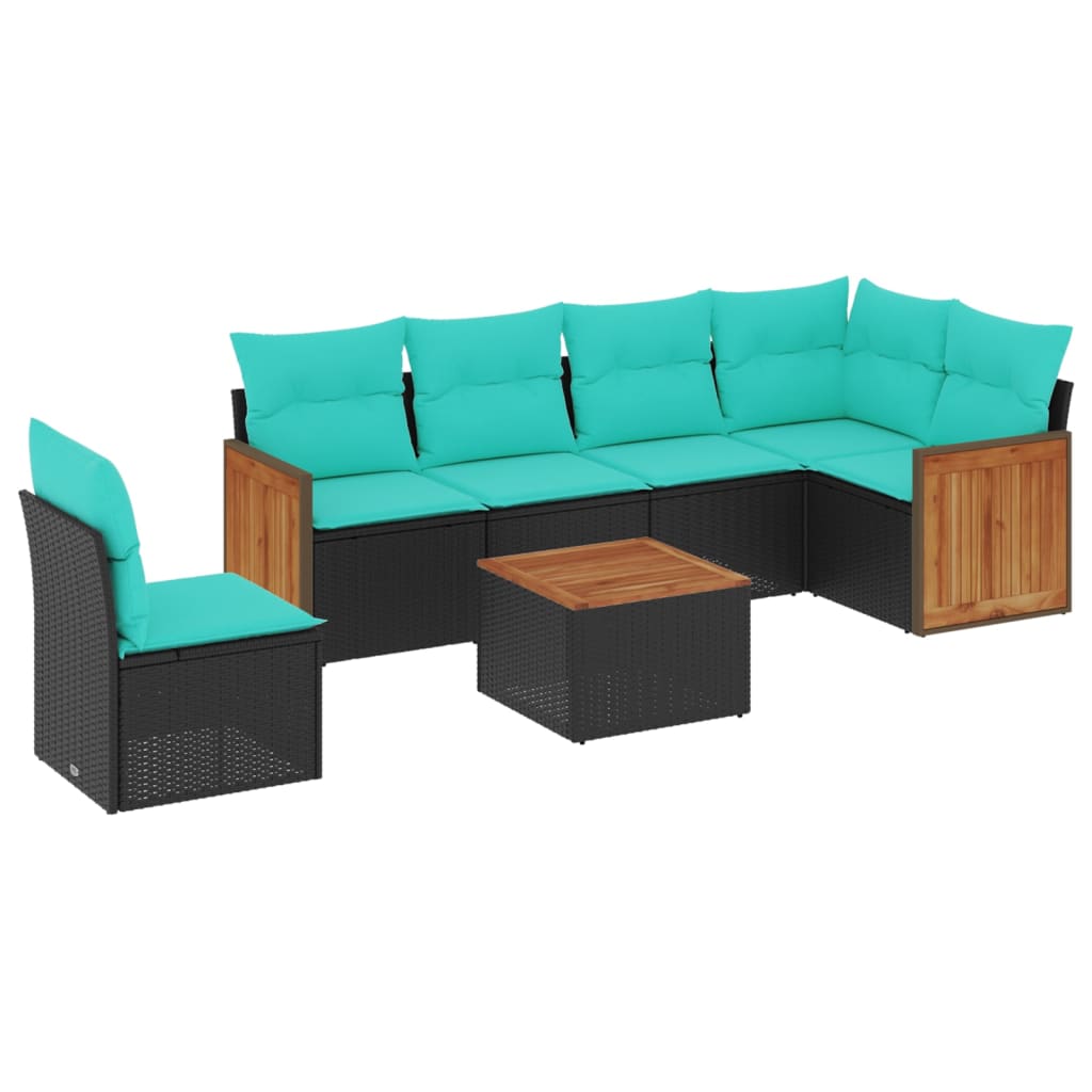 7-teiliges Gartensofa-Set mit Kissen, schwarzes Polyrattan