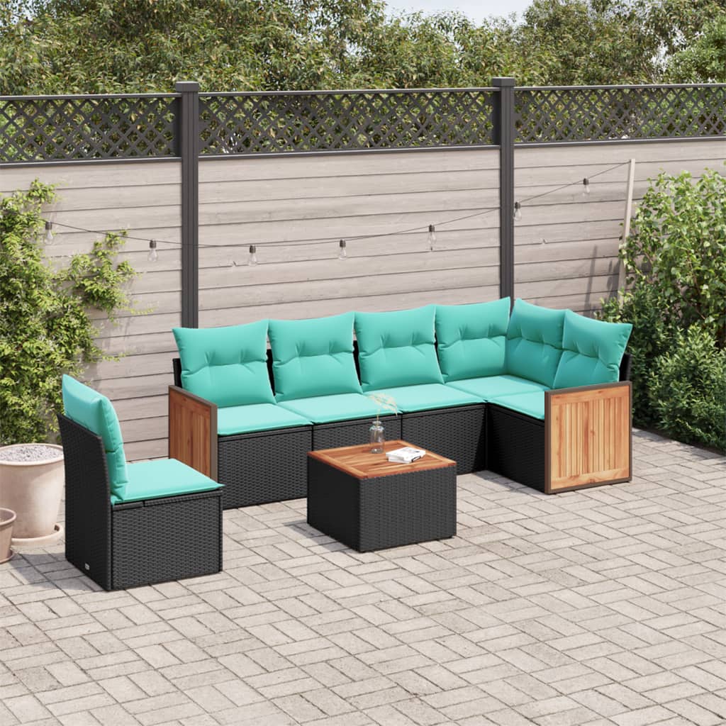 7-teiliges Gartensofa-Set mit Kissen, schwarzes Polyrattan