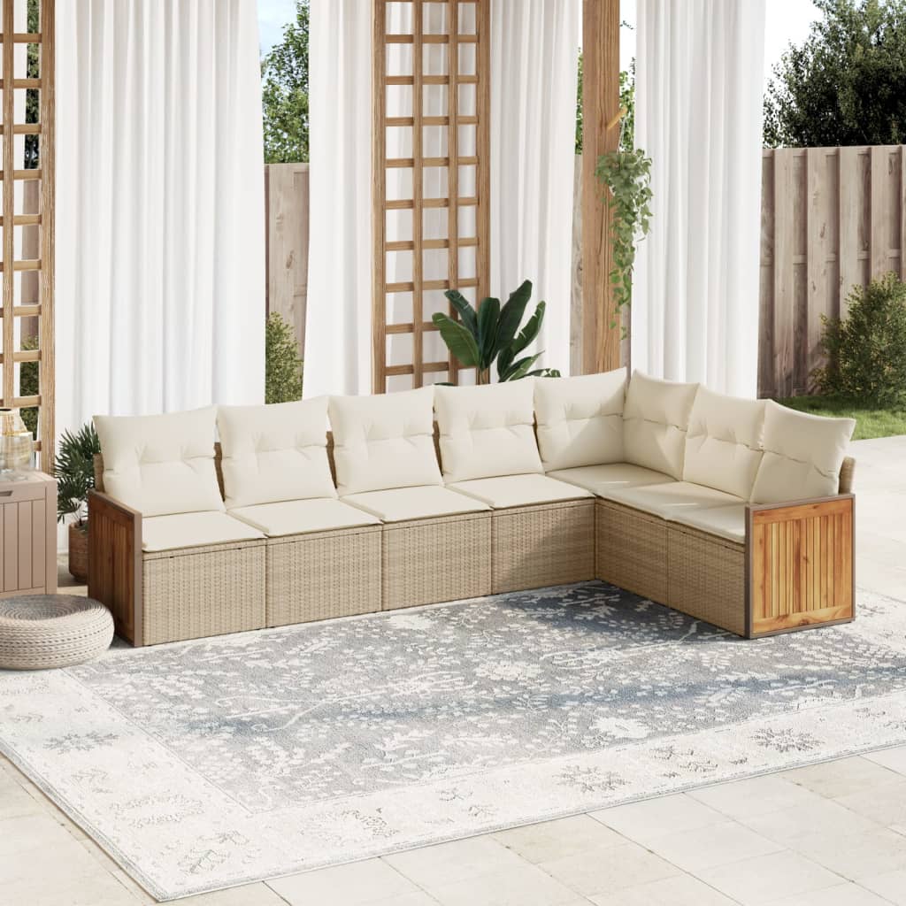 7-tlg. Garten-Sofagarnitur mit Kissen Beige Poly Rattan