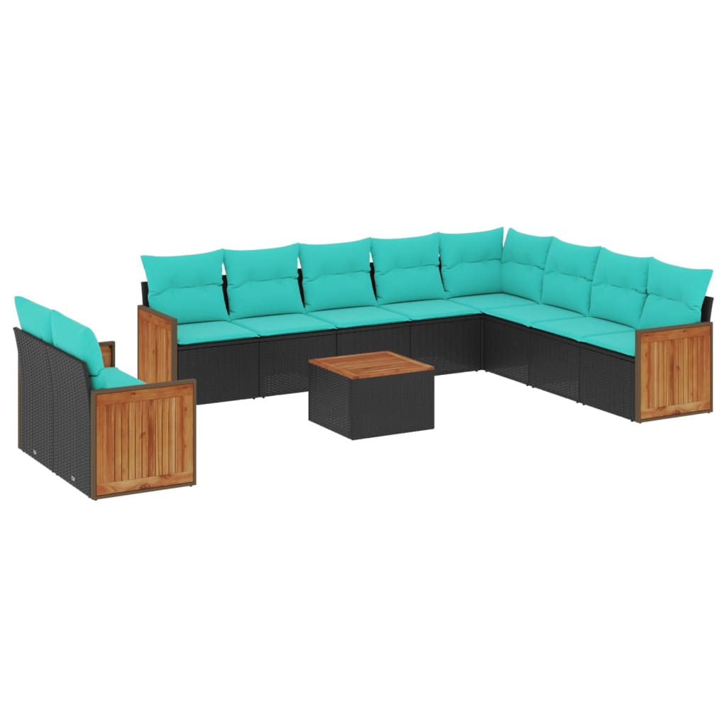 11-teiliges Gartensofa-Set mit Kissen, schwarzes Polyrattan
