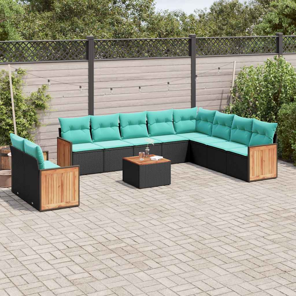 11-teiliges Gartensofa-Set mit Kissen, schwarzes Polyrattan
