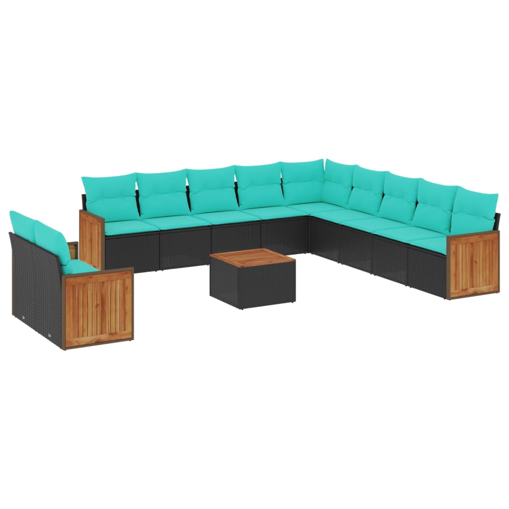 12-teiliges Gartensofa-Set mit Kissen, schwarzes Polyrattan