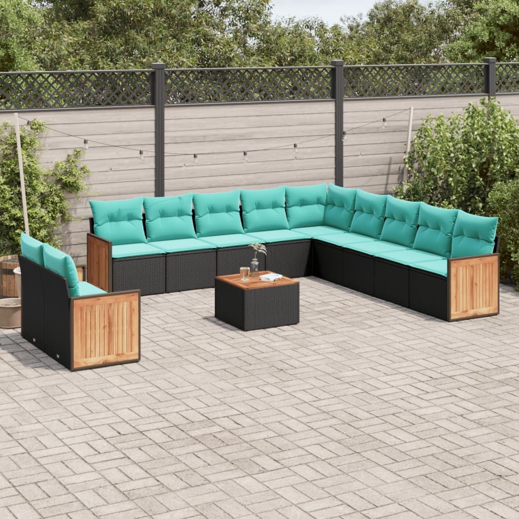 12-teiliges Gartensofa-Set mit Kissen, schwarzes Polyrattan