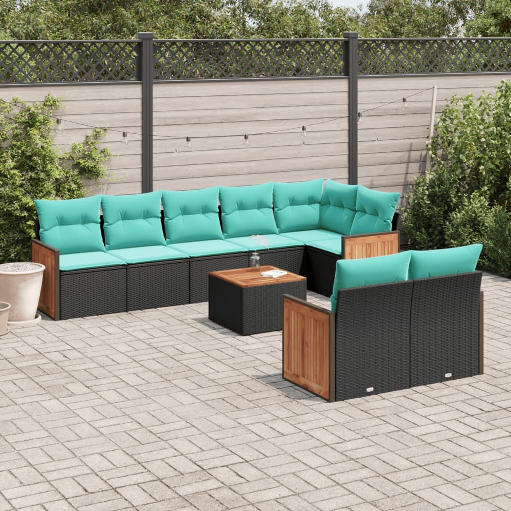 9-teiliges Gartensofa-Set mit Kissen, schwarzes Polyrattan