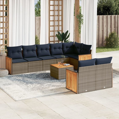9-teiliges Gartensofa-Set mit Kissen, grau, Polyrattan