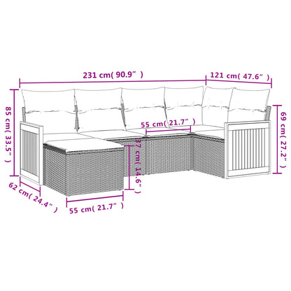 6-teiliges Gartensofa-Set mit Kissen, schwarzes Polyrattan