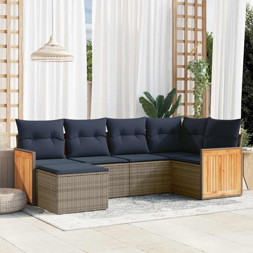 6-teiliges Gartensofa-Set mit Kissen, grau, Polyrattan