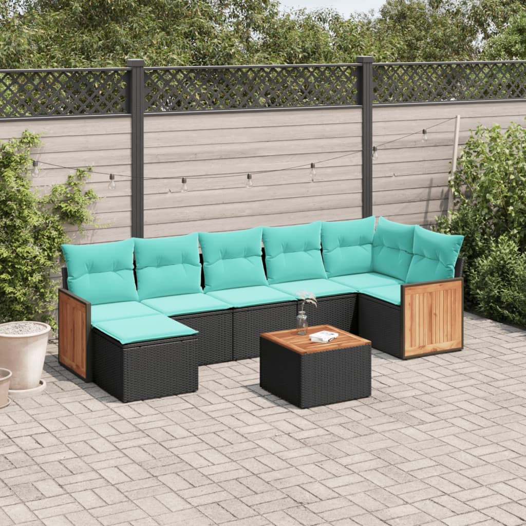8-teiliges Gartensofa-Set mit Kissen, schwarzes Polyrattan