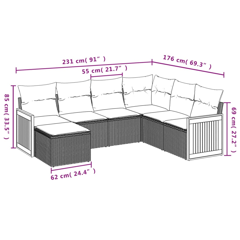 7-teiliges Gartensofa-Set mit Kissen, schwarzes Polyrattan
