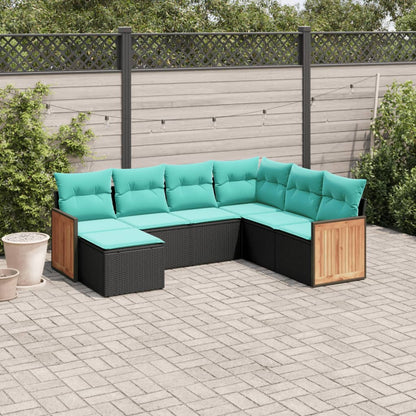 7-teiliges Gartensofa-Set mit Kissen, schwarzes Polyrattan