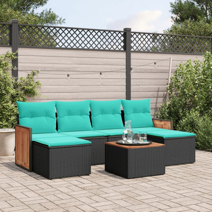 7-teiliges Gartensofa-Set mit Kissen, schwarzes Polyrattan