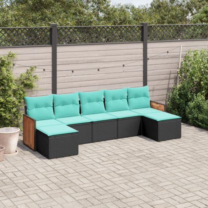 7-teiliges Gartensofa-Set mit Kissen, schwarzes Polyrattan
