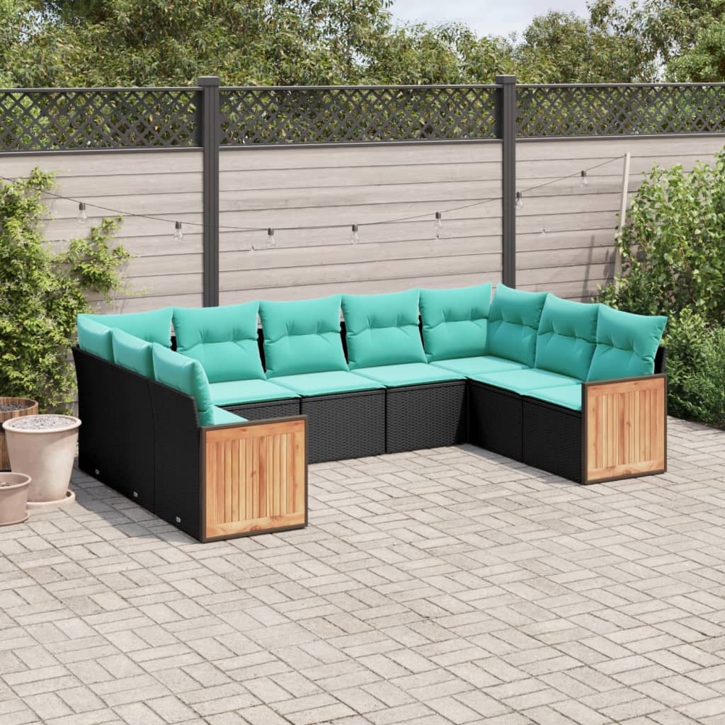 9-teiliges Gartensofa-Set mit Kissen, schwarzes Polyrattan