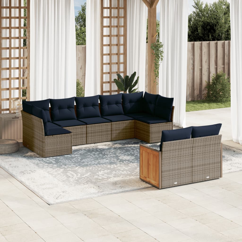 9-teiliges Gartensofa-Set mit Kissen, grau, Polyrattan