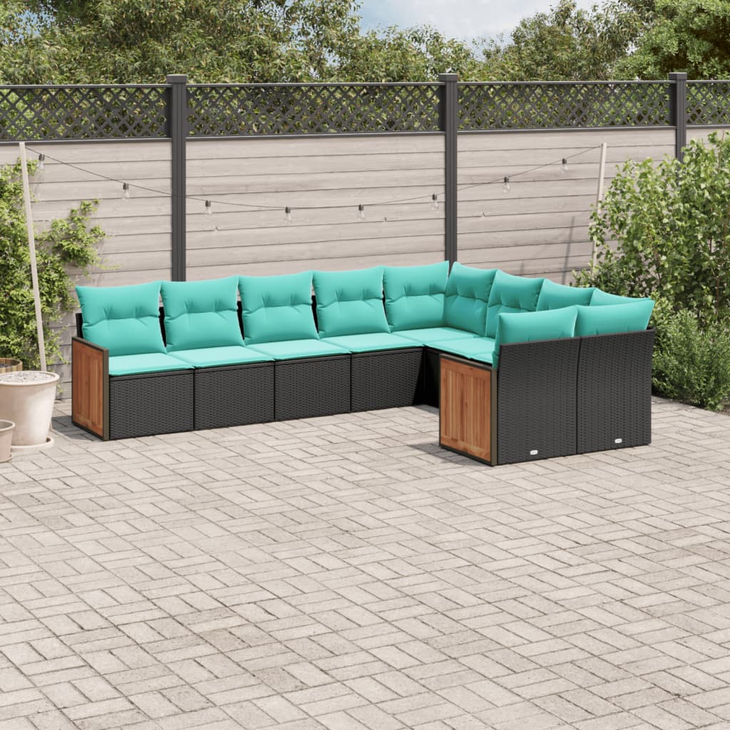 9-teiliges Gartensofa-Set mit Kissen, schwarzes Polyrattan