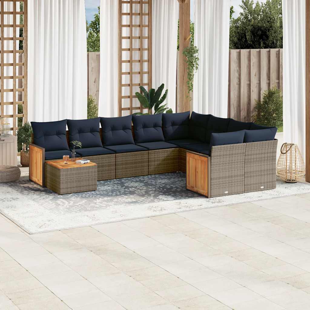10-teiliges Gartensofa-Set mit Kissen, grau, Polyrattan