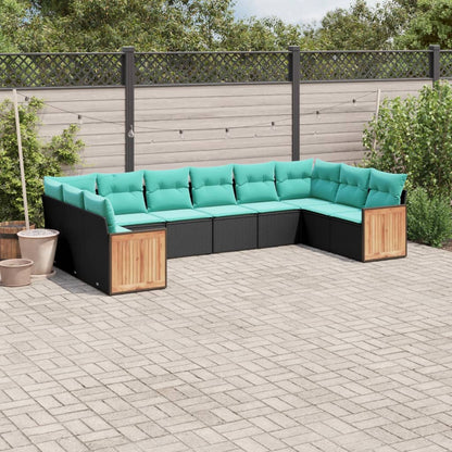 10-teiliges Gartensofa-Set mit Kissen, schwarzes Polyrattan