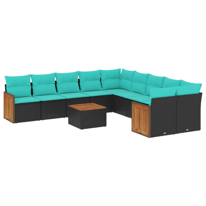 11-teiliges Gartensofa-Set mit Kissen, schwarzes Polyrattan
