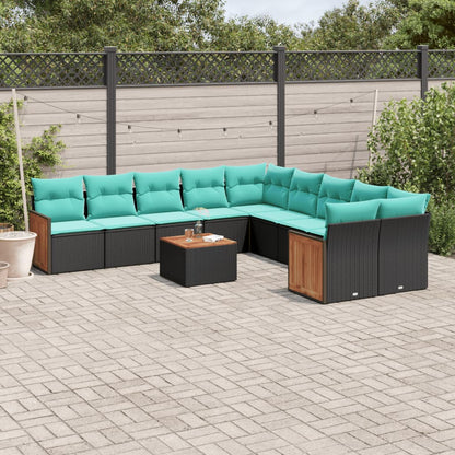 11-teiliges Gartensofa-Set mit Kissen, schwarzes Polyrattan