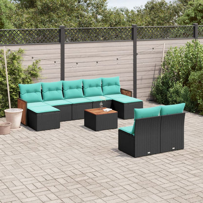 10-teiliges Gartensofa-Set mit Kissen, schwarzes Polyrattan